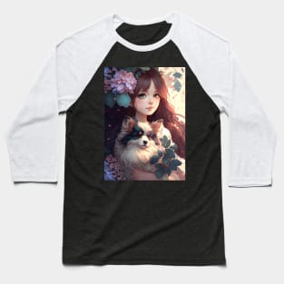 Cute Floral Anime girl With Her Dog Baseball T-Shirt